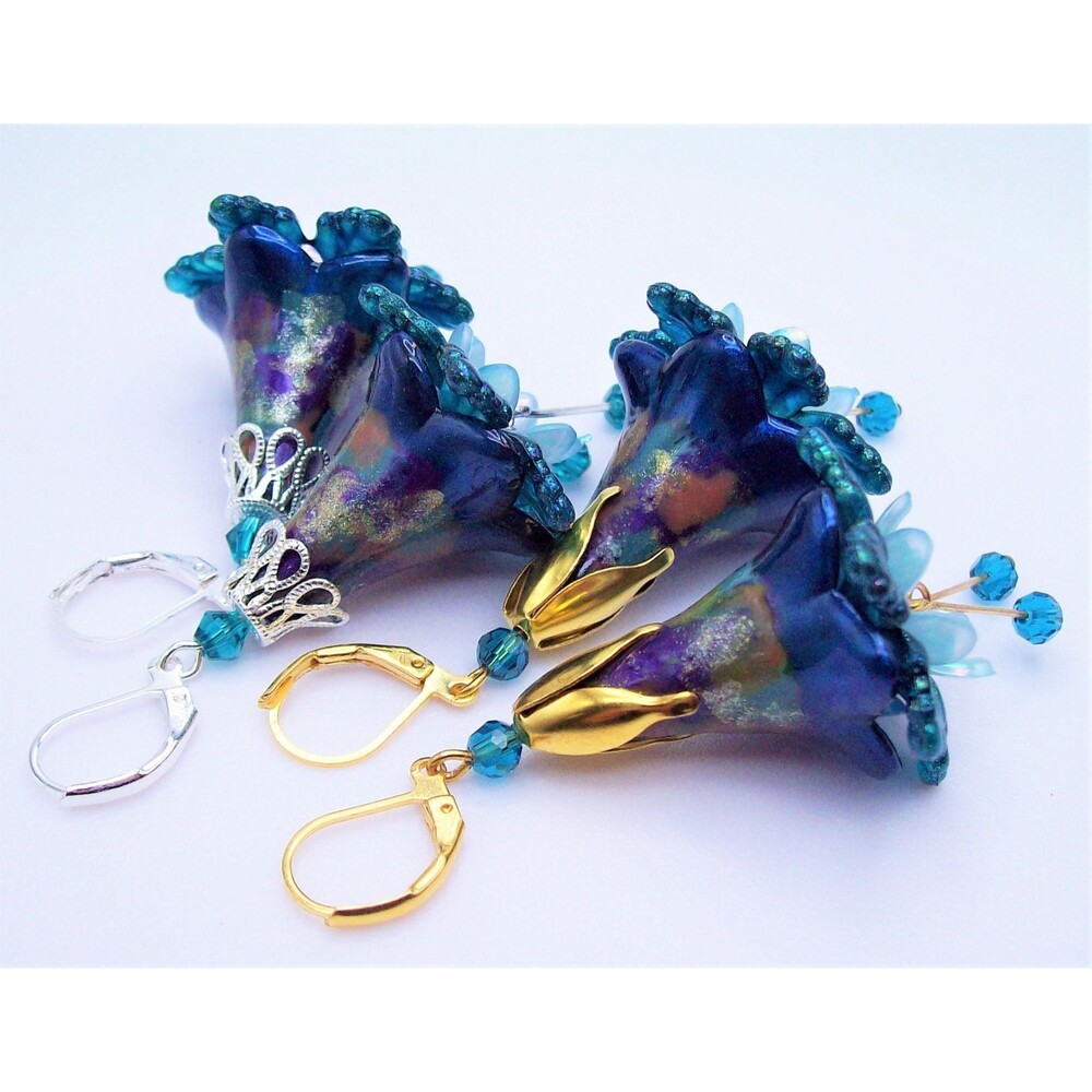Boho Earrings Blue Flowers, Hand Painted, Artsan Crafted Floral Jewelry
